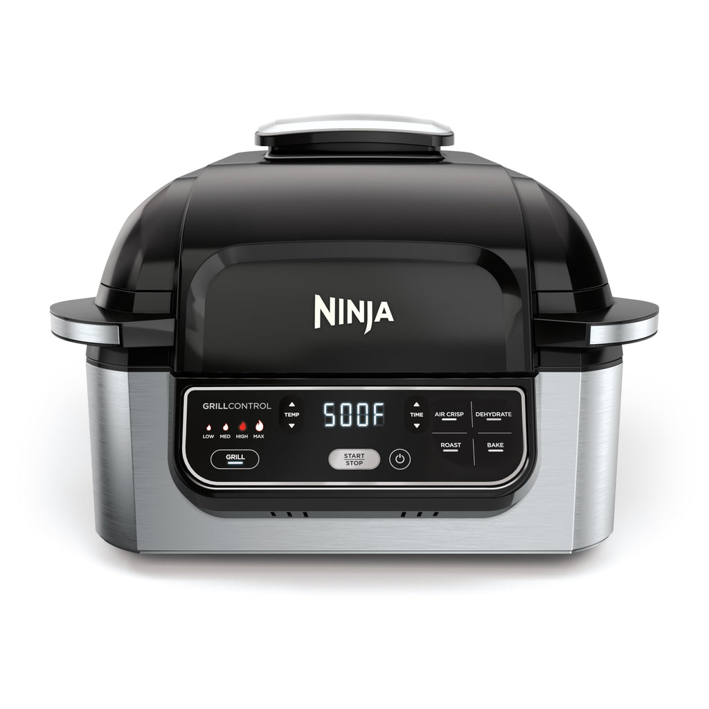 Ninja Foodi AG301 Grill: 5-in-1 indoor grill, air fry, roast, bake, dehydrate, smoke control, easy cleaning design.