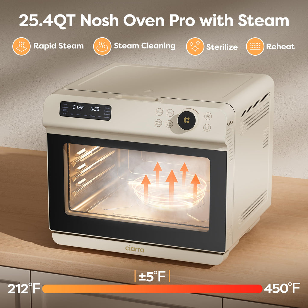 CIARRA 12-in-1 Steam Oven: air fryer combo with steam, 25QT capacity, bake, ferment, dehydrate, self-clean, modern white design.